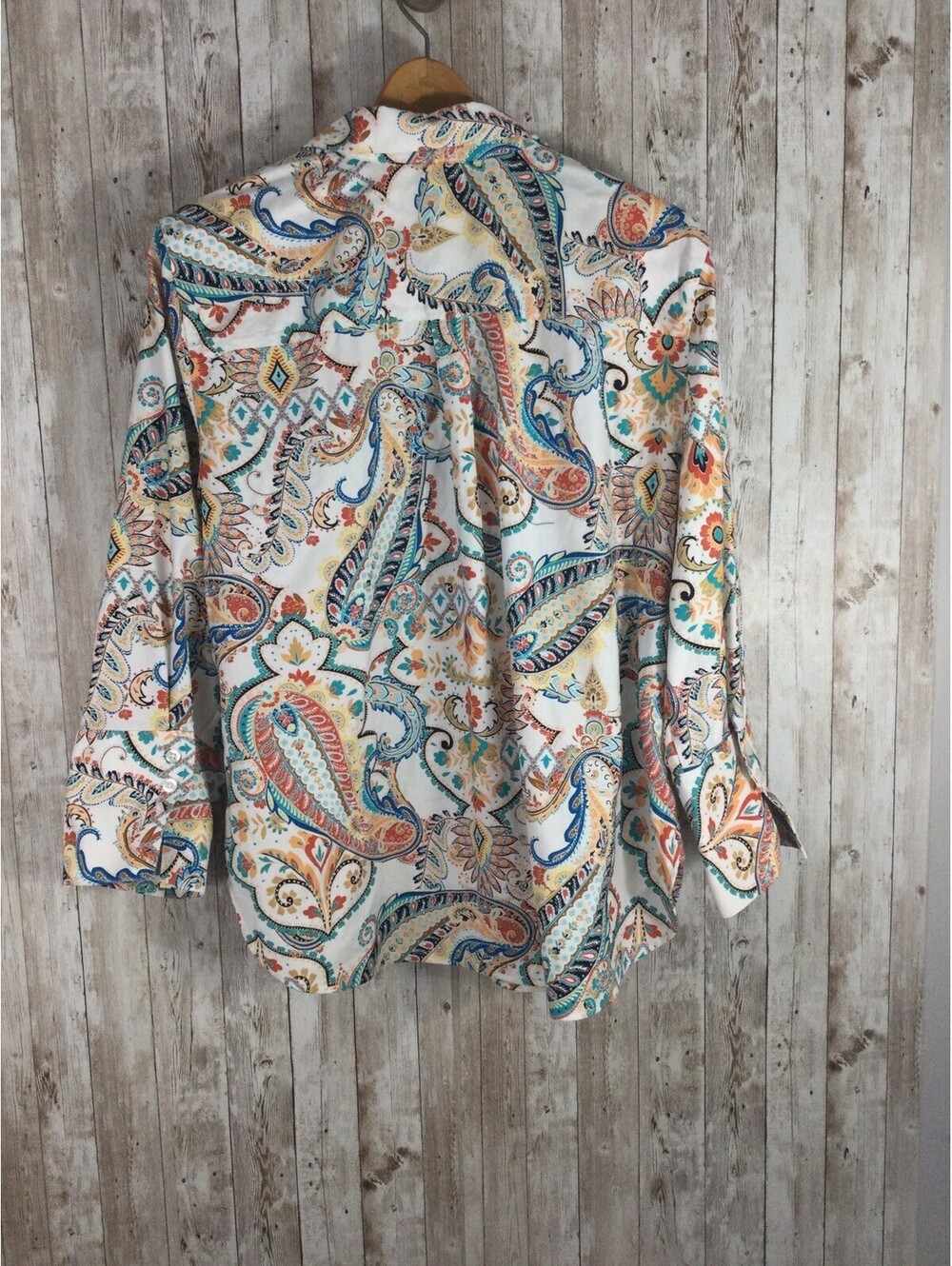Chico’s 2.5 No Iron Chic Stretch Paisley Colorful Top Adj Sleeve Artsy NICE - Picture 5 of 8